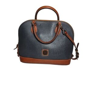 Dooney & Bourke Zip Zip Satchel Navy Blue Pebbled Leather Tan Trim Dome Bag